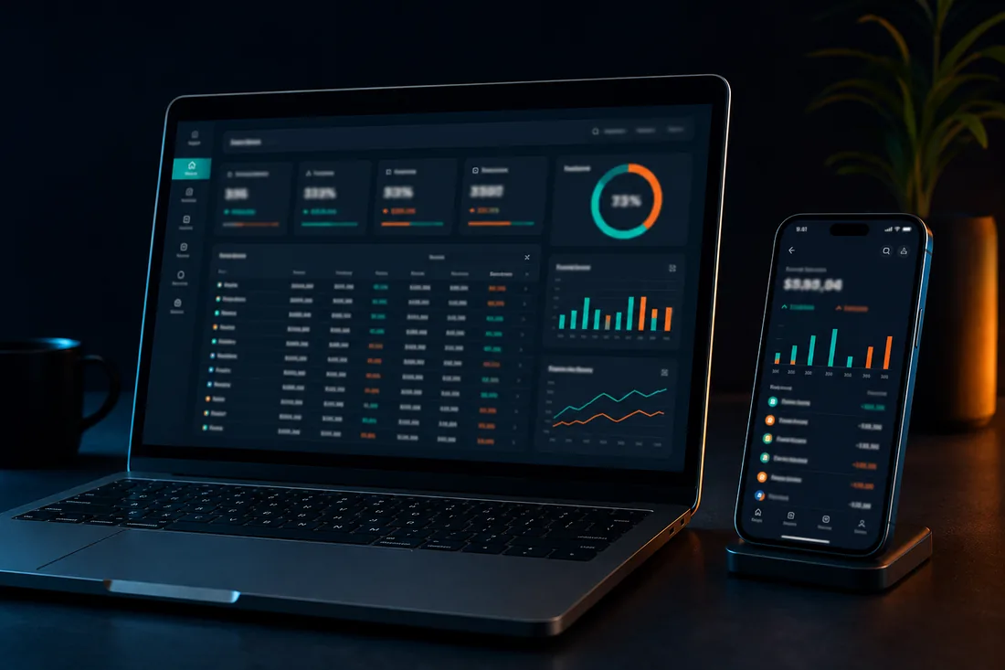 Mockup do Plano Fôlego 90: notebook e celular exibindo a planilha Raio-X Financeiro com diagnóstico de dívidas